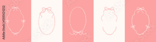 Set of oval filigree whimsical bow ribbon frames. Valentines day, Christmas, menu, New year, wedding, bachelorette party invitation and card vintage hand drawn template. Trendy pastel pink background