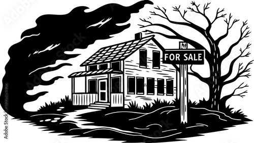 Vintage house with "For Sale" sign against stormy backdrop