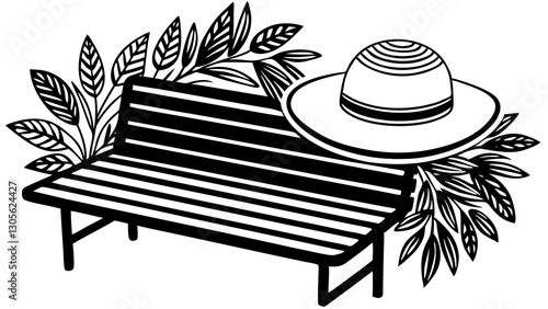 Bench with sun hat and green leaves