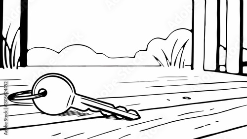 Key lying on wooden floor with outdoor background