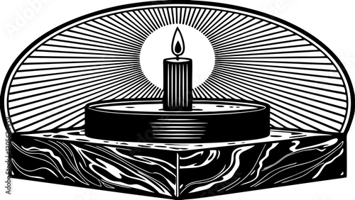 Candle with shining light on decorative base