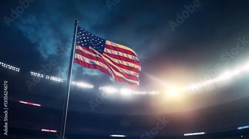 American flag flying over stadium at night, bright floodlights, dark sky, and vibrant patriotic atmosphere, wide-angle shot.
