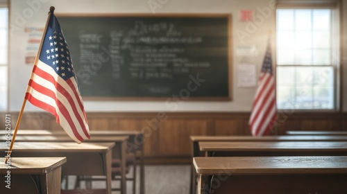 American flag in classroom beside chalkboard, soft diffused light, warm neutral tones, and calm educational atmosphere, eye-level perspective.