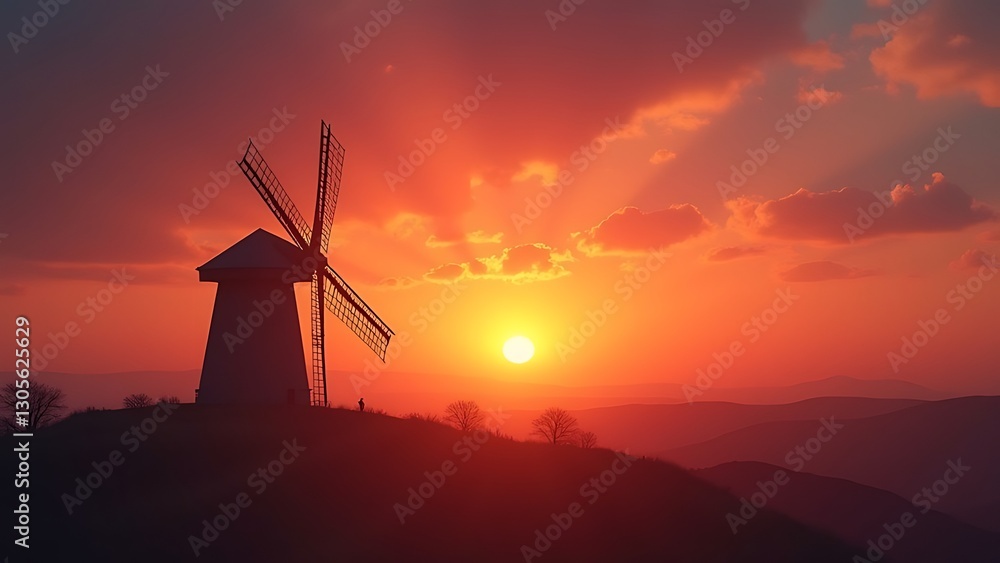 Obraz premium windmill silhouette sunset, romantic twilight atmosphere, colorful sky hues