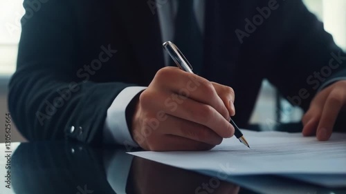 Close-up of a businessman in a suit signing a contract with a fountain pen at a professional office desk.