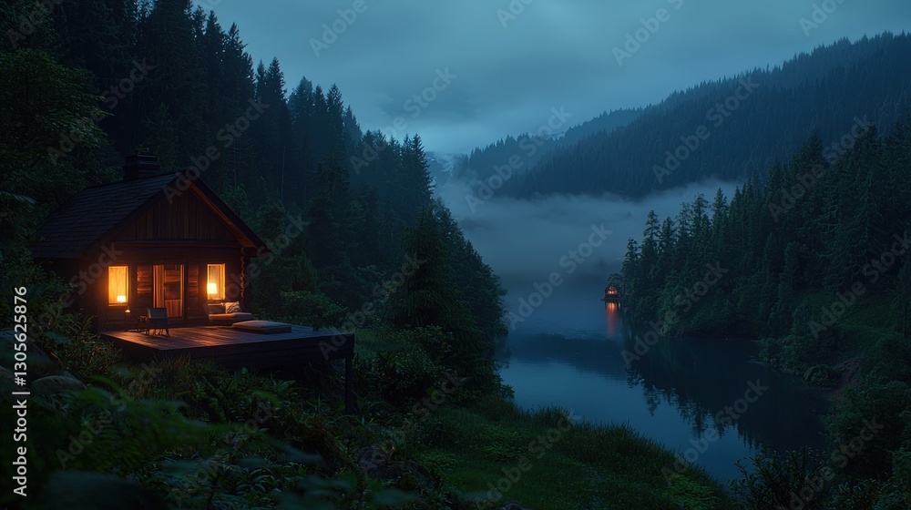 Fototapeta premium Lakeside Cabin Twilight, Misty Valley