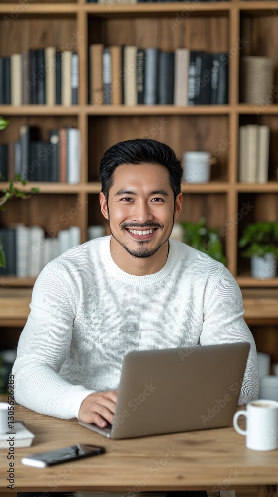 A young professional sits at a desk in a contemporary office, focused on his laptop. Natural light floods the space, highlighting a cup of coffee and books on shelves nearby A young professional sits at a desk in a contemporary office, focused on his laptop. Natural light floods the space, highlighting a cup of coffee and books on shelves nearby