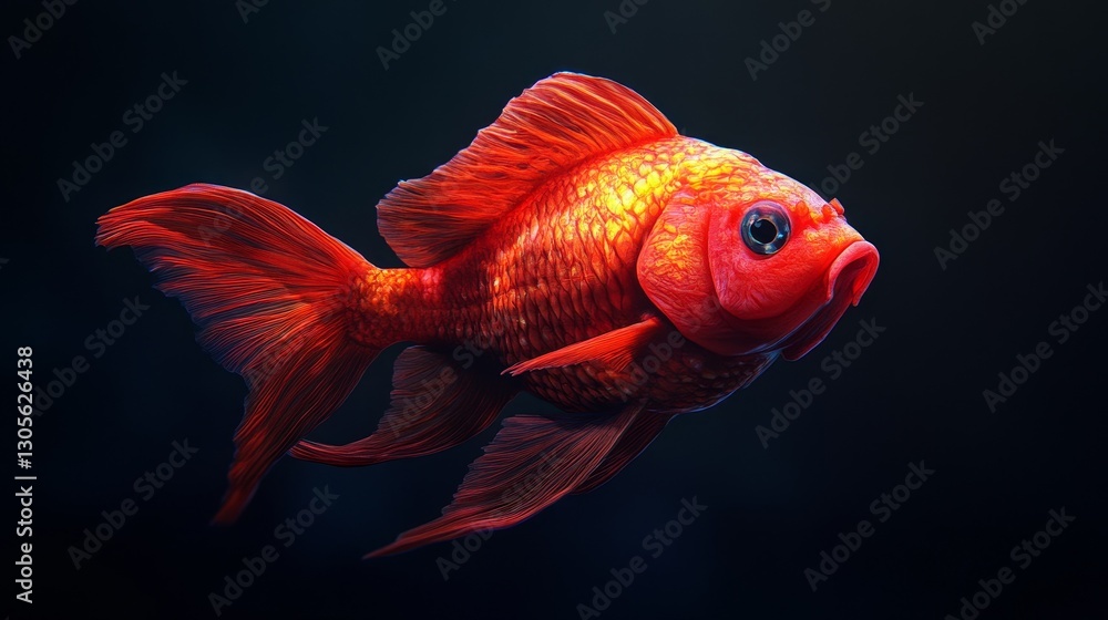 A red fish is swimming in a dark blue background A red fish is swimming in a dark blue background
