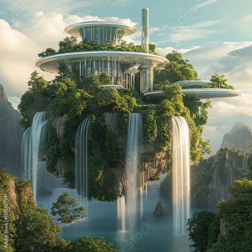 Floating island adorned with cascading waterfalls under a brilliant sky at sunset