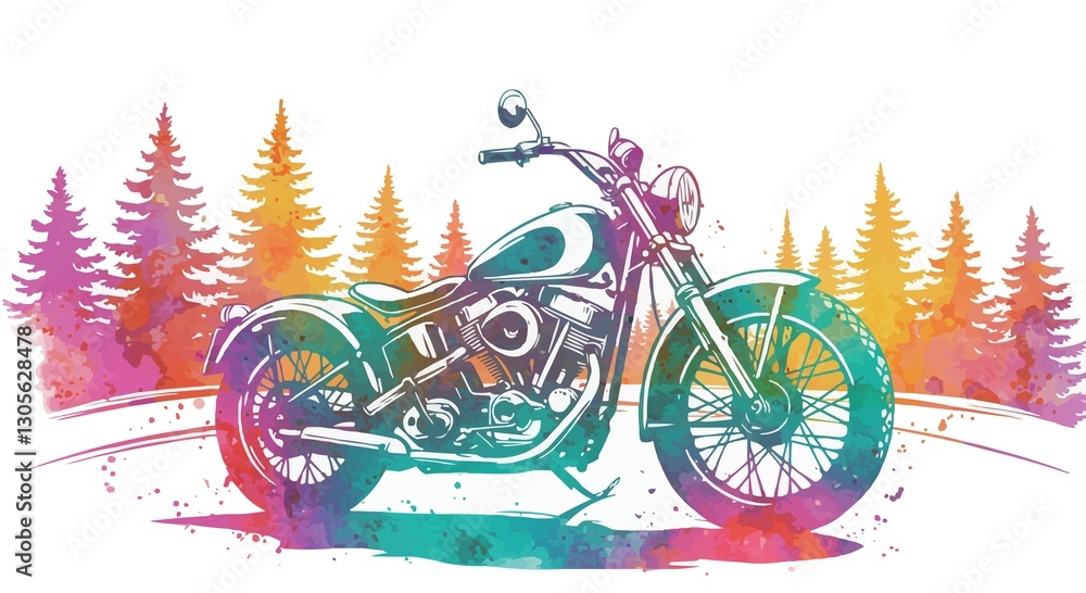 Fototapeta premium T-shirt design with classic motorcycle standing on forest road. Classic bike in the forest. JPEG version.