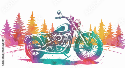 T-shirt design with classic motorcycle standing on forest road. Classic bike in the forest. EPS 10 version.