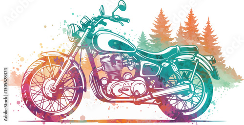 T-shirt design with classic motorcycle standing on forest road. Classic bike in the forest. EPS 10 version.