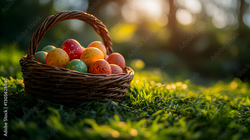 A rustic wicker basket filled with beautifully decorated Easter eggs, nestled in lush green grass under warm sunlight A rustic wicker basket filled with beautifully decorated Easter eggs, nestled in lush green grass under warm sunlight