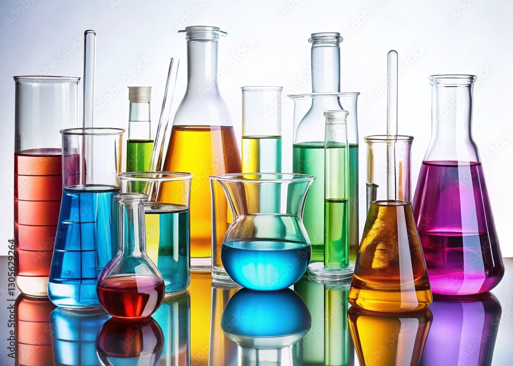 Panoramic View of Laboratory Glassware: Beakers, Flasks, Test Tubes Isolated on White Panoramic View of Laboratory Glassware: Beakers, Flasks, Test Tubes Isolated on White