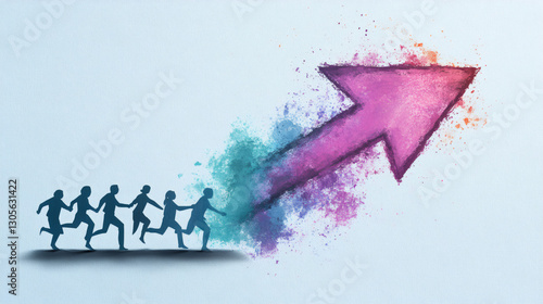 Business team running together toward growth and success, colorful upward arrow symbolizing positive trend and achievement