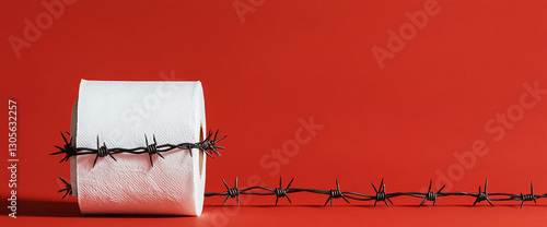 Toilet paper roll encircled by barbed wire on red background, symbolizing scarcity or restriction, possibly representing social or economic hardship photo