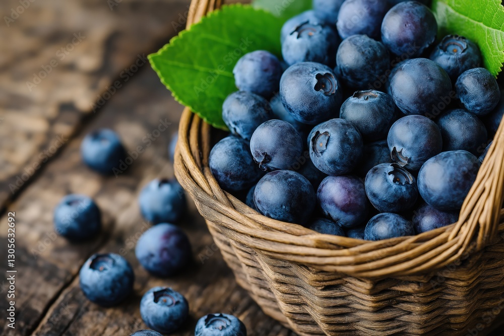Fototapeta premium A basket full of blueberries with a leaf on top. The blueberries are fresh and ripe, and the basket is made of wicker. Concept of abundance and freshness