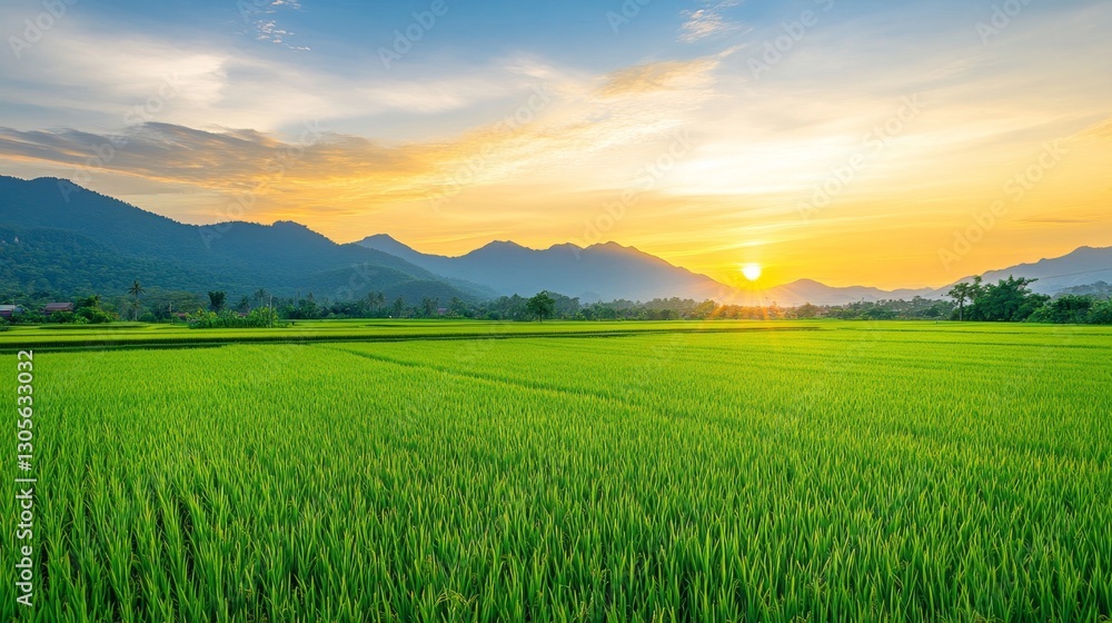 Obraz premium A wide landscape shot of lush green rice fields in rural Thailand, with the golden glow of the sunset reflecting on the fields and mountains in the background.