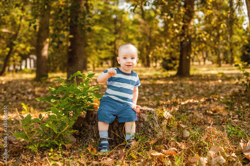 Ten-month-old baby sitting on a felled tree in the autumn forest Ten-month-old baby sitting on a felled tree in the autumn forest