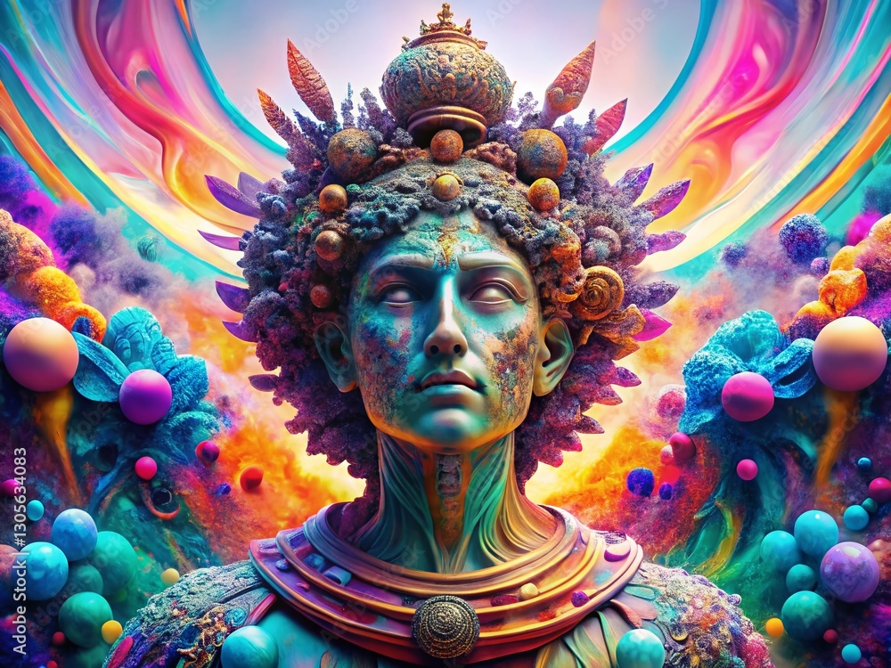 Psychedelic Statue Head: Modern Colored Graphic Sculpture with Bokeh Background - Contemporary Art Poster Psychedelic Statue Head: Modern Colored Graphic Sculpture with Bokeh Background - Contemporary Art Poster