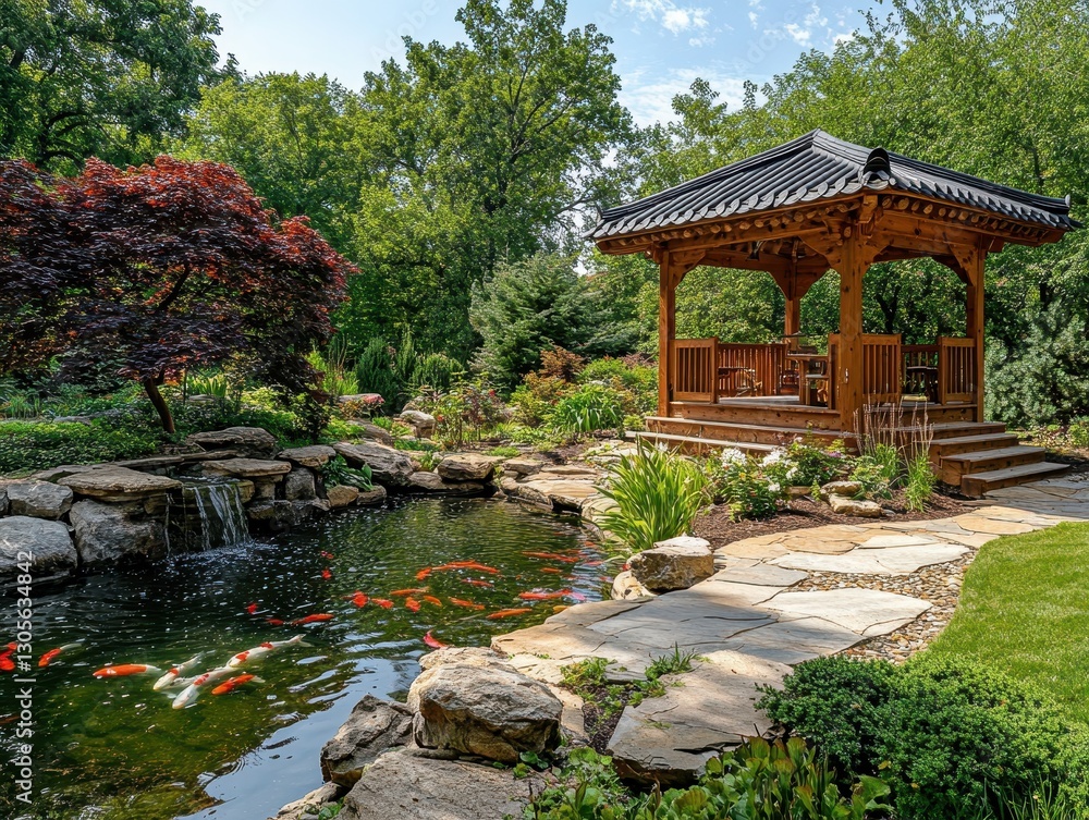 A beautiful wooden gazebo situated in a garden next to a pond A beautiful wooden gazebo situated in a garden next to a pond