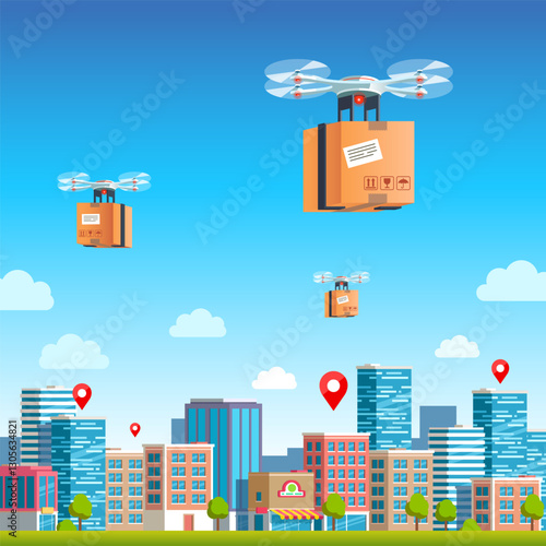 The future of logistics – autonomous drones transporting orders Modern flat style vector illustration clipart