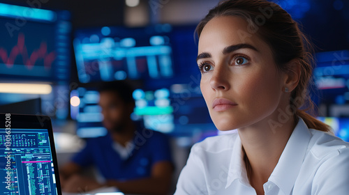 Businesswoman Analyzing Financial Projects in Modern Workspace photo