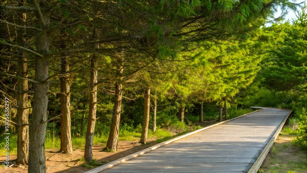 Tall evergreen trees line a wooden boardwalk Tall evergreen trees line a wooden boardwalk