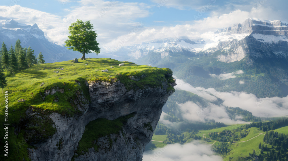 Fototapeta premium Solitary tree standing on rocky cliff edge, overlooking verdant alpine landscape with distant snow-peaks rising against clear sky