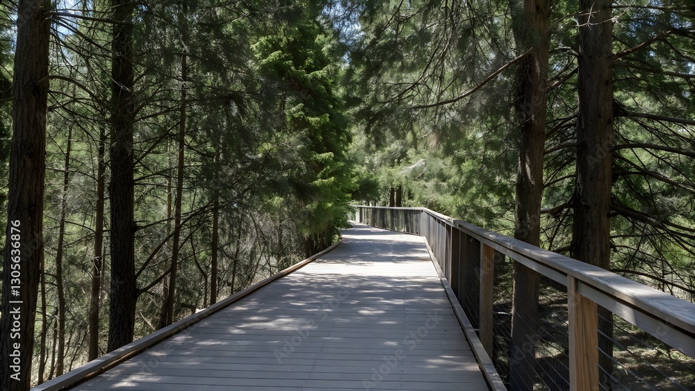 Tall evergreen trees line a wooden boardwalk Tall evergreen trees line a wooden boardwalk