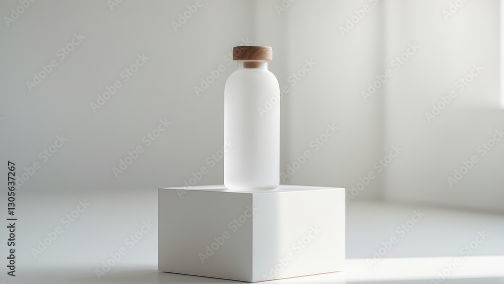Frosted glass bottle with wooden cap standing on white cube. Frosted glass bottle with wooden cap standing on white cube.