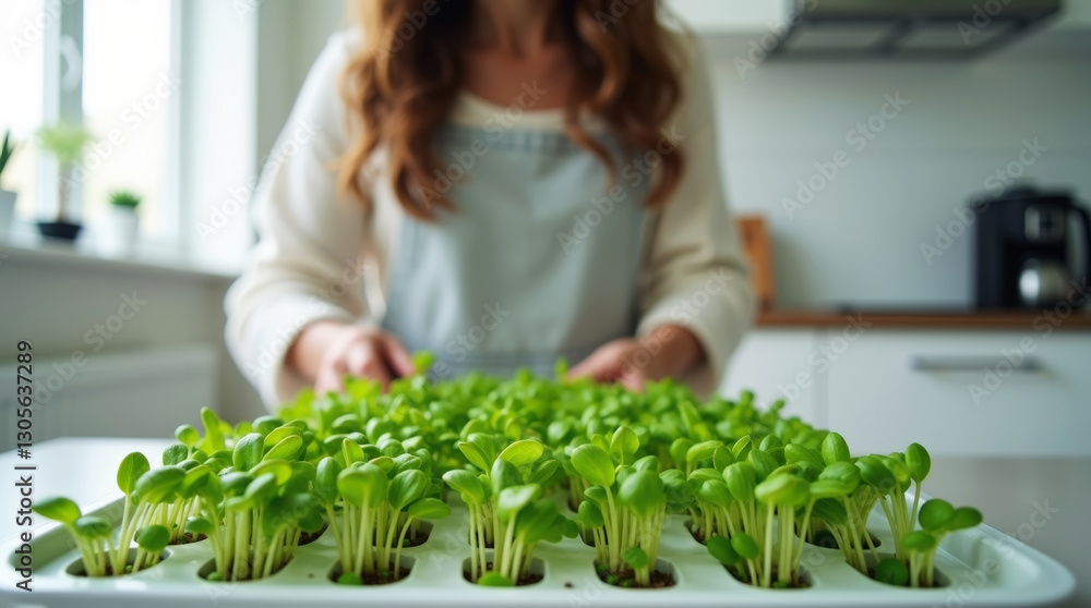 A close-up shot of vibrant green microgreens growing in a tray, gently held by a person's hands A close-up shot of vibrant green microgreens growing in a tray, gently held by a person's hands