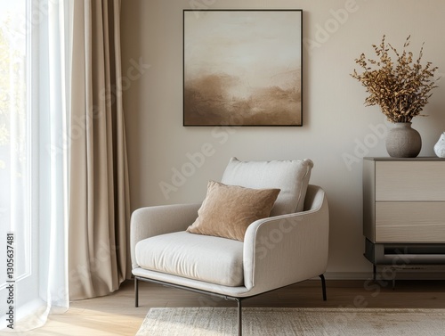 A modern living room design with neutral colors and minimal decor