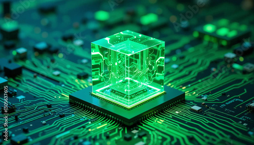 Quantum computer chip with glowing light in a high tech scenario