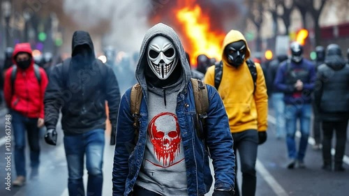 Dramatic chaos erupts in a dystopian city as riot police clash with masked protesters amidst smoke and flames.