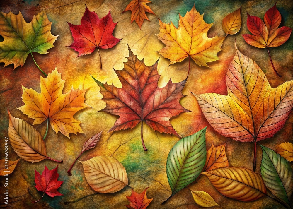 Rustic Fall Hand-Painted Decorative Background, Autumn Leaves Pattern, Low Light Photography Rustic Fall Hand-Painted Decorative Background, Autumn Leaves Pattern, Low Light Photography