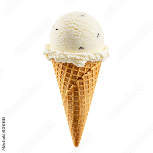 A single scoop of creamy vanilla ice cream with chocolate chips sits atop a crispy waffle cone, isolated on a white or transparent png
