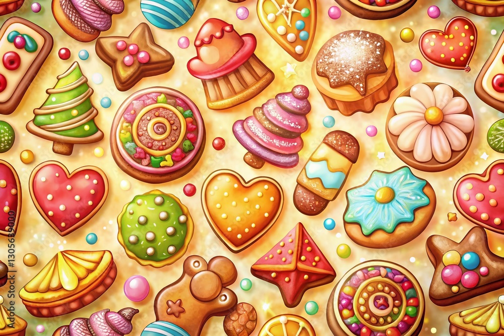 Rustic Hand-Drawn Sweet Treats Pattern with Bokeh Background - Stock Photo Rustic Hand-Drawn Sweet Treats Pattern with Bokeh Background - Stock Photo