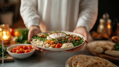 Chef holding a plate of delicious iftar food for ramadan dinner