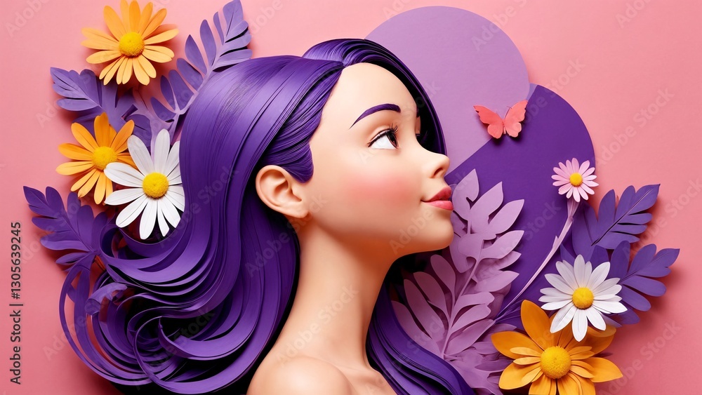 A woman with purple hair and flowers on a pink background.