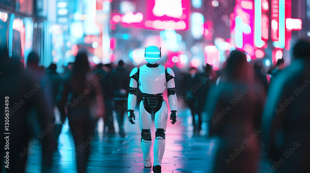 AI robot walking among humans in a neon-lit futuristic cityscape AI robot walking among humans in a neon-lit futuristic cityscape