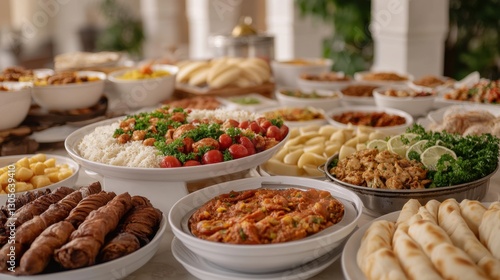 Suhoor buffet displaying variety of arabic cuisine dishes photo