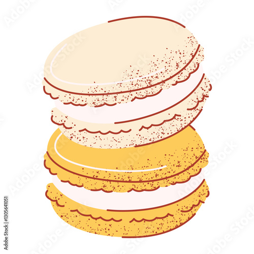 Stack of french vanilla and lemon macarons, sweet dessert. Vector illustration, flat hand drawn style with texture. Baked food for sticker, bakery, cafe shop, eatery. Isolated background