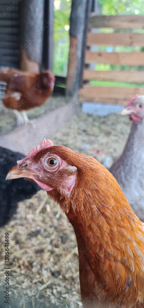 Fototapeta premium Red chicken in the garden