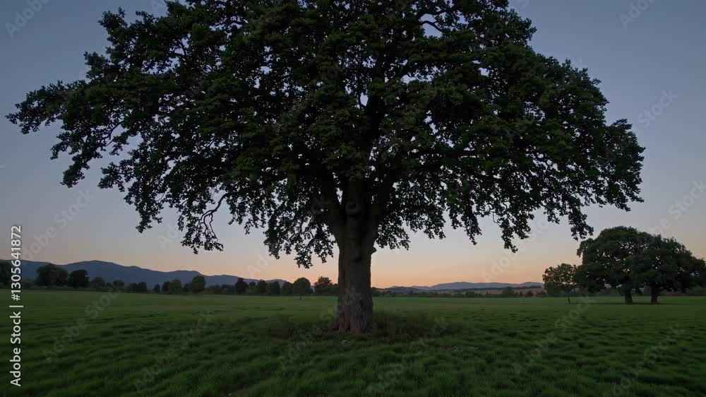 A wide-angle video captures a solitary tree in a vast field at dusk, emphasizing tranquility and nature's beauty with a low camera angle. A wide-angle video captures a solitary tree in a vast field at dusk, emphasizing tranquility and nature's beauty with a low camera angle.