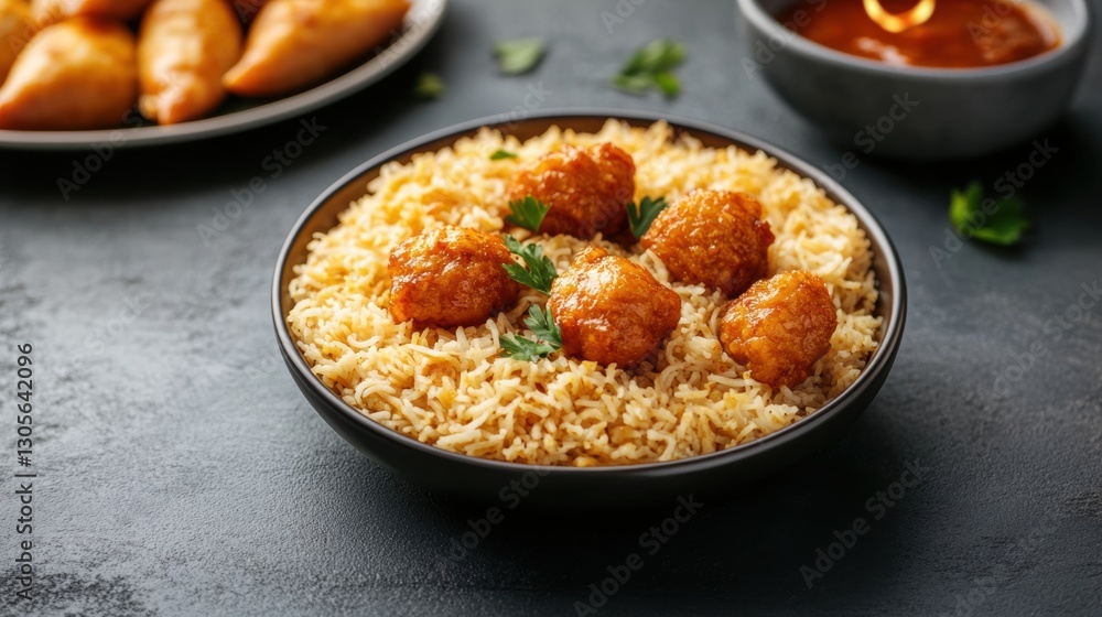 Chicken manchurian with fried rice and samosas, celebrating eid festivities Chicken manchurian with fried rice and samosas, celebrating eid festivities
