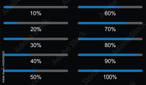Progress loading bar, 100%, 90%, 80%, 70%, 60%, 50%, 40%, 30%, 20%, 10% loading blue icon. Vector illustration