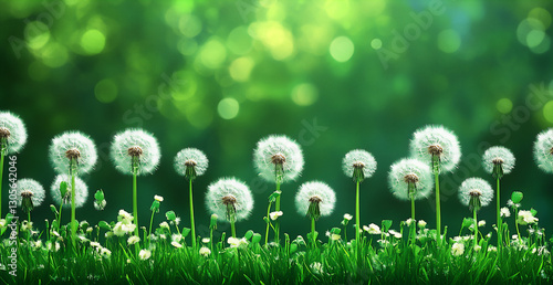 spring background with dandelions, green and white colors,