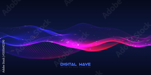 Abstract digital audio wave of particles with bokeh. Futuristic AI technology. Cyber data flow vector concept.