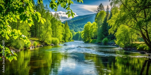 Serene Norwegian River: Slow Pan of Summer Green Trees